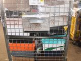 a large metal cart with many boxes on top of it