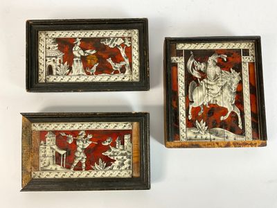 three framed pictures of a man riding a horse and a woman riding a horse