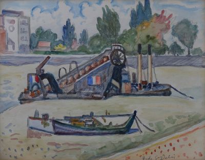 a watercolor painting of a boat on the water