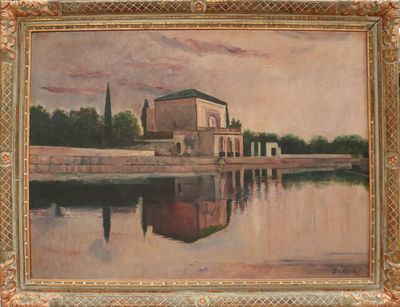 une peinture à l'huile représentant un bâtiment au bord d'un lac, avec le ciel en arrière-plan