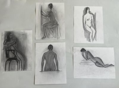sketches of a woman sitting on a chair, a man sitting on a chair, and a woman sitting on a chair