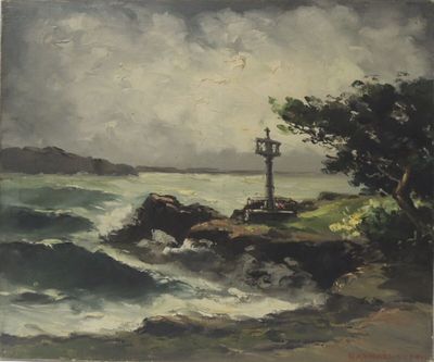 une peinture à l'huile représentant un phare sur un rivage rocheux au bord de l'océan