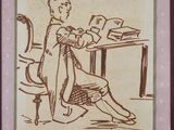 drawing of a man sitting at a desk reading a book