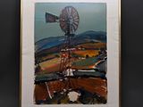 un tableau représentant un moulin à vent dans un champ, avec des collines en arrière-plan