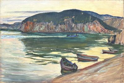 a painting of boats on the shore of a lake