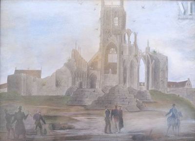 a painting of a painting of people in front of a church