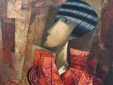 tableau représentant une femme en robe rouge et chapeau noir