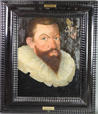 tableau représentant un homme barbu portant un col à volants, dans un cadre noir