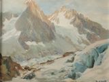 une peinture représentant une chaîne de montagnes enneigée