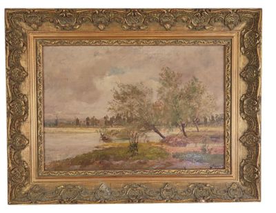 a painting of a river scene with a boat in the water