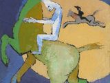 un tableau représentant un homme à cheval, avec un chien en arrière-plan