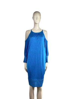 the mannequin is wearing a blue dress on a white background