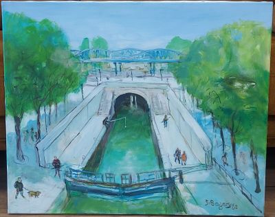 tableau représentant un pont au-dessus d'une rivière, sur lequel marchent des personnes