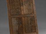 an old wooden paneled door is shown against a gray background