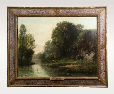 l'image d'une peinture représentant une rivière avec des arbres en arrière-plan