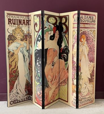 four paneled art nouveau style screen with a woman in a dress