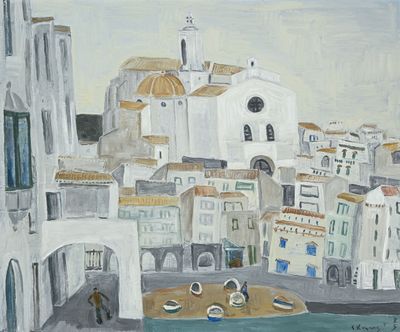 un tableau représentant une vue d'une ville depuis un bateau