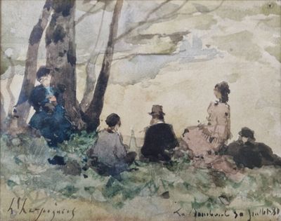 une peinture représentant un groupe de personnes assises sous un arbre