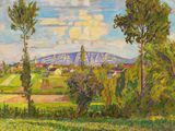 un tableau représentant un champ avec des arbres et une montagne en arrière-plan