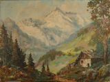 une image représentant une peinture d'un paysage de montagne avec une maison au premier plan