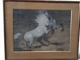 painting of a white horse running on its hind legs in the sand