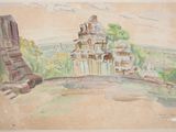 une image représentant une aquarelle d'un bâtiment au milieu d'un champ