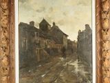 an oil painting of a street scene with buildings in the background