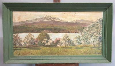 BARNERIAS J. "Verger en fleurs avec vue du Sancy au second p…