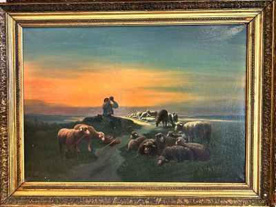 an oil painting of a shepherd and his flock of sheep in a landscape