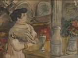 un tableau représentant une femme debout devant un miroir
