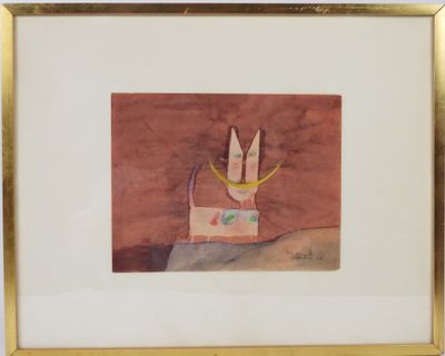 painting of a cat in a box on a table with a gold frame