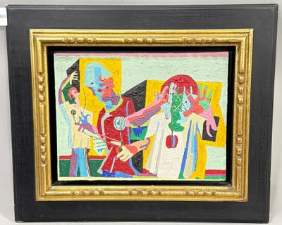painting of a man and a woman playing instruments in front of a wall