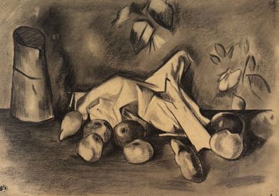 drawing of a still life with apples, a vase, and a paper towel