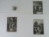 four black and white pictures of people and animals on a wall