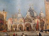 painting of a painting of a city with people walking around it