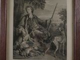 an old picture of a man with a rifle and a dog in a wooded area