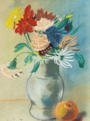 un tableau représentant un vase de fleurs et une pomme