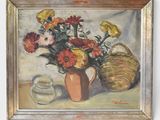 a painting of flowers in a vase and a bowl on a table