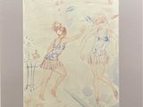 dessin représentant deux femmes en maillot de bain jouant au frisbee
