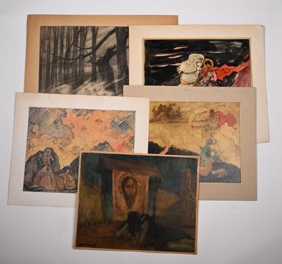 several paintings of people and animals are hanging on a wall