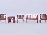 four chairs and a table in a row on a white background