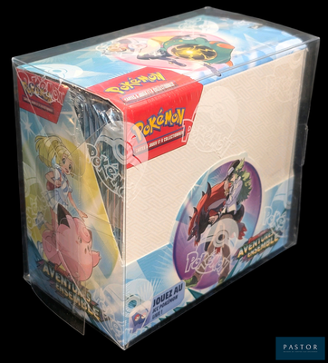 a box of pokemon trading cards on a black background