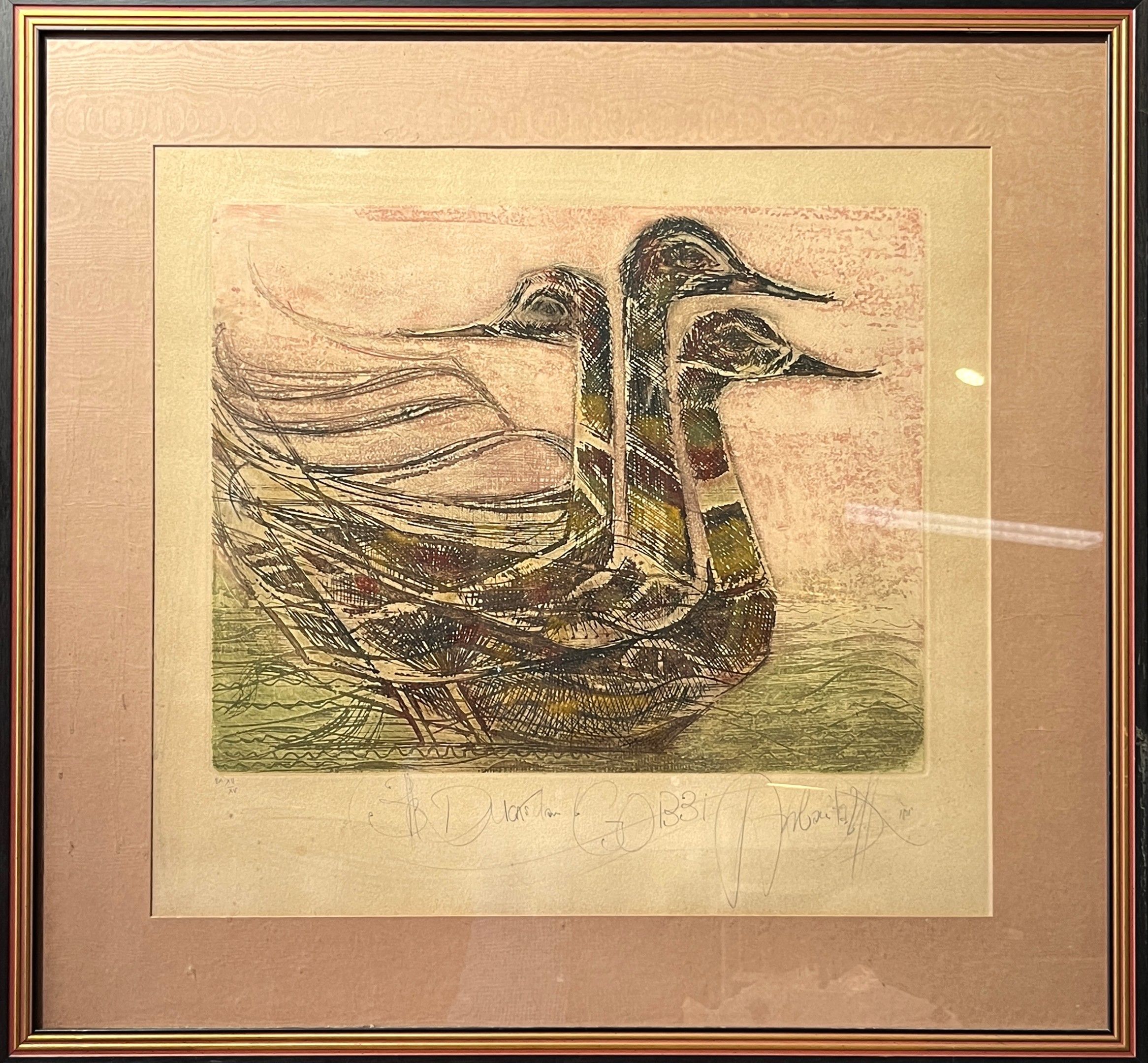 GOBBI (XXe siècle). Canards. Lithographie couleur contresigné au crayon, justifié XII/XV. 53 x 57 cm. Encadré sous ve...