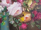 a painting of flowers in a blue vase on a table