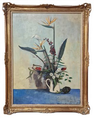 an oil painting of a vase of flowers on a table
