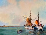 un tableau représentant un bateau sur l'eau, avec un autre bateau en arrière-plan