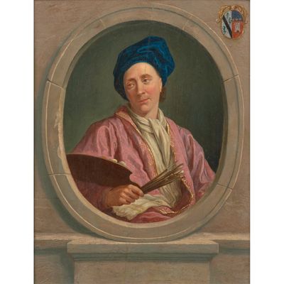 portrait d'un homme coiffé d'un turban bleu et tenant un éventail