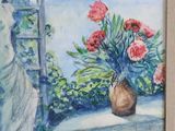 a painting of flowers in a vase on a window sill