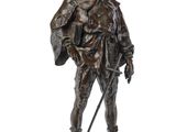 une statue en bronze représentant un homme avec une épée et un chapeau