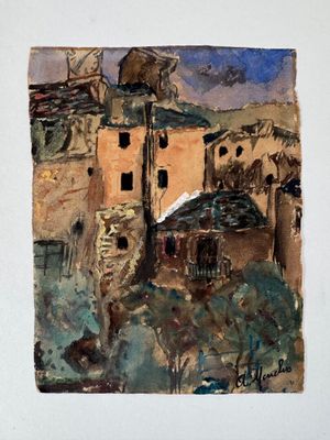 an image of a painting of a building in the middle of a mountain